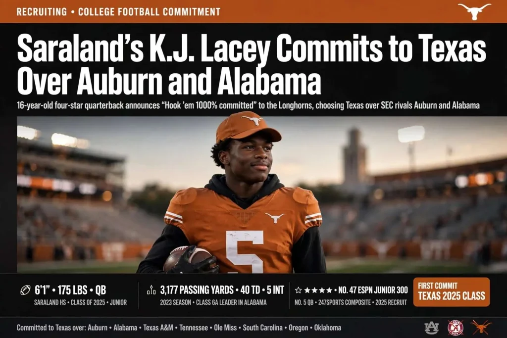 Illustration for the news story: Saraland’s K.J. Lacey Commits to Texas Over Auburn and Alabama