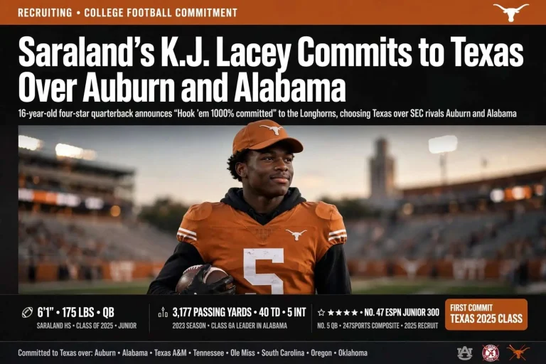 Illustration for the news story: Saraland’s K.J. Lacey Commits to Texas Over Auburn and Alabama