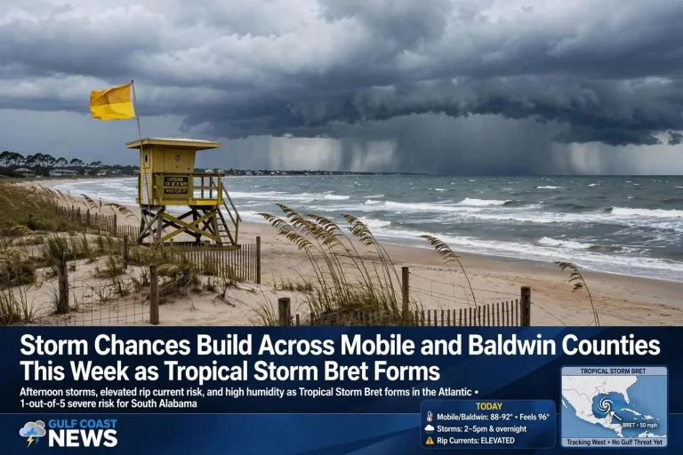 Illustration for the news story: Storm Chances Build Across Mobile and Baldwin Counties This Week as Tropical Storm Bret Forms
