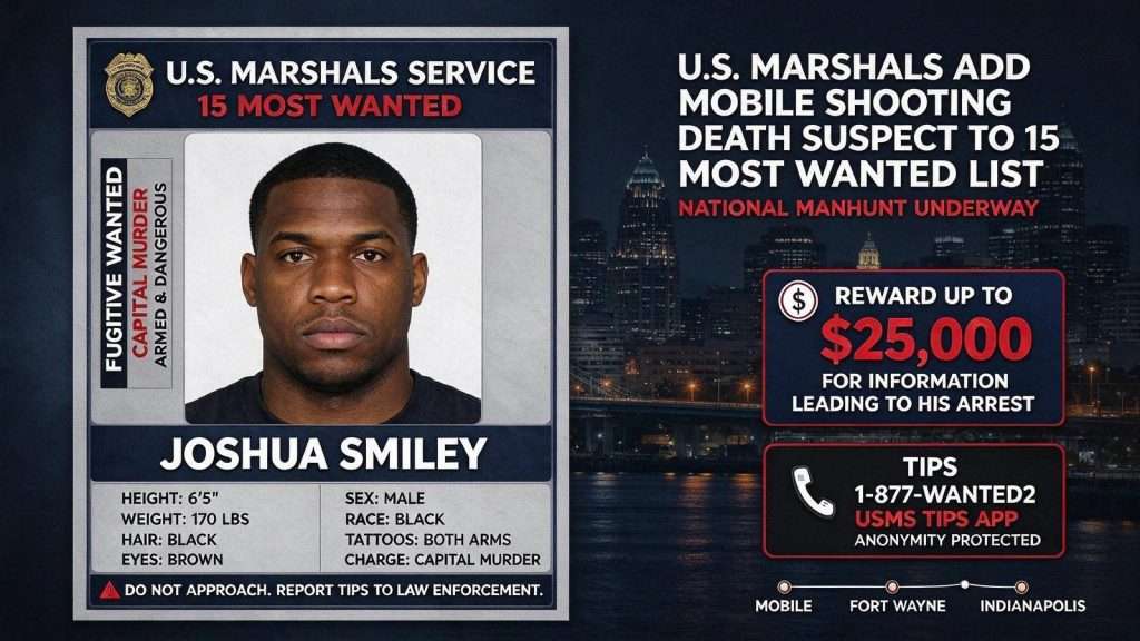 Illustration for the news story: U.S. Marshals Add Suspect in 2021 Mobile Shooting Death to 15 Most Wanted List