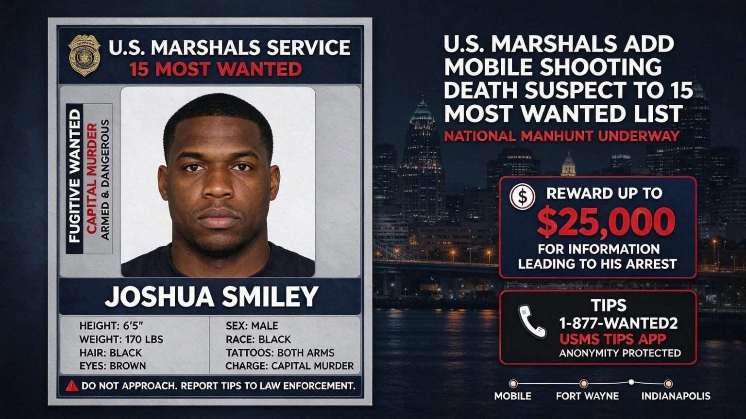 Illustration for the news story: U.S. Marshals Add Suspect in 2021 Mobile Shooting Death to 15 Most Wanted List