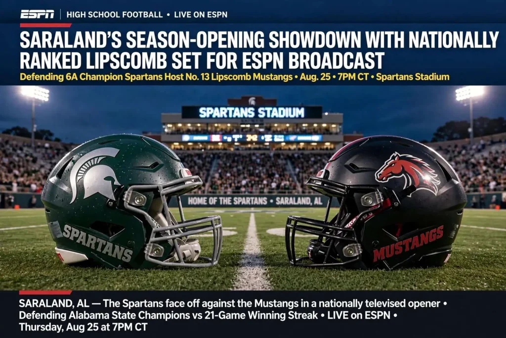 Illustration for the news story: Saraland’s Season-Opening Showdown With Nationally Ranked Lipscomb Set for ESPN Broadcast