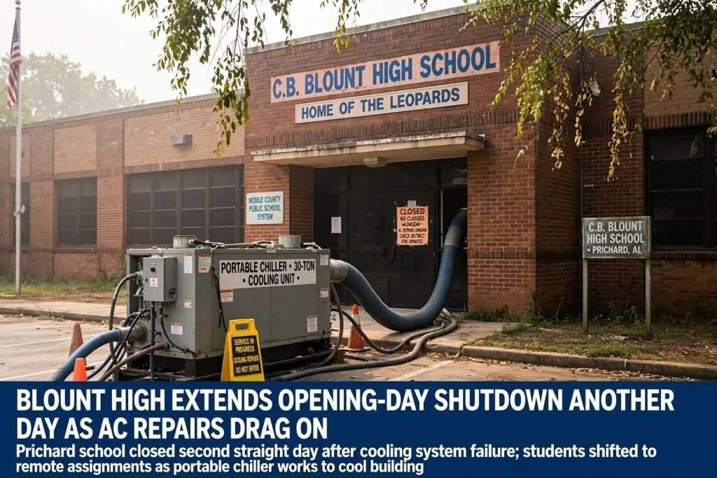 Illustration for the news story: Blount High Extends Opening-Day Shutdown Another Day as AC Repairs Drag On