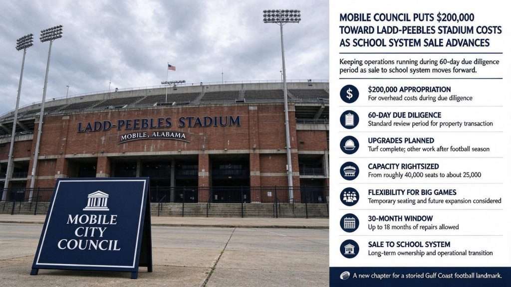 Illustration for the news story: Mobile Council Puts $200,000 Toward Ladd-Peebles Stadium Costs as School System Sale Advances
