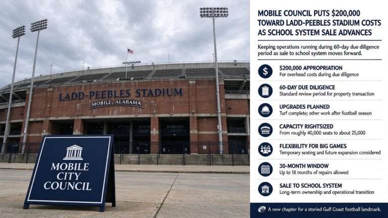 Illustration for the news story: Mobile Council Puts $200,000 Toward Ladd-Peebles Stadium Costs as School System Sale Advances