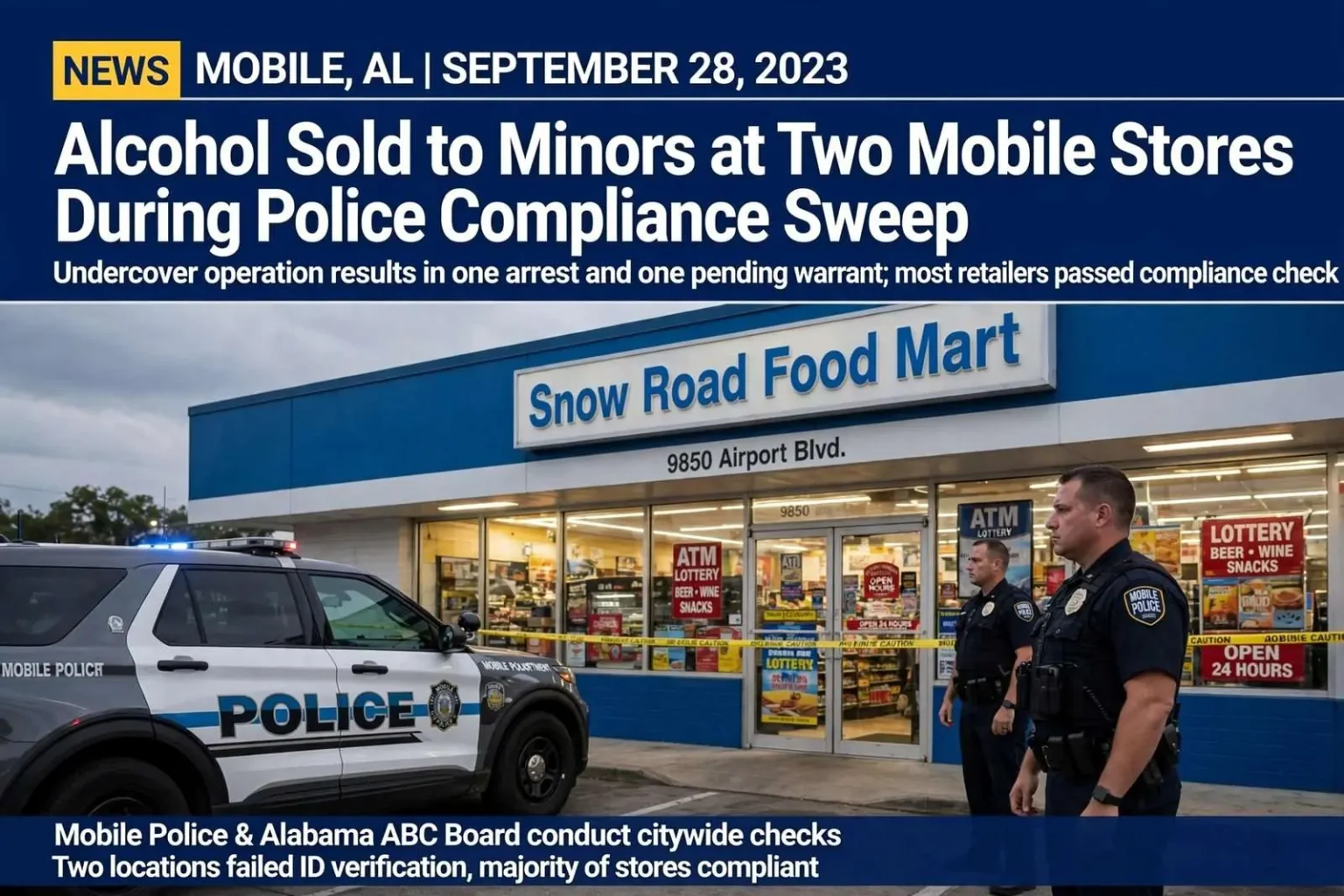 Illustration for the news story: Alcohol Sold to Minors at Two Mobile Stores During Police Compliance Sweep