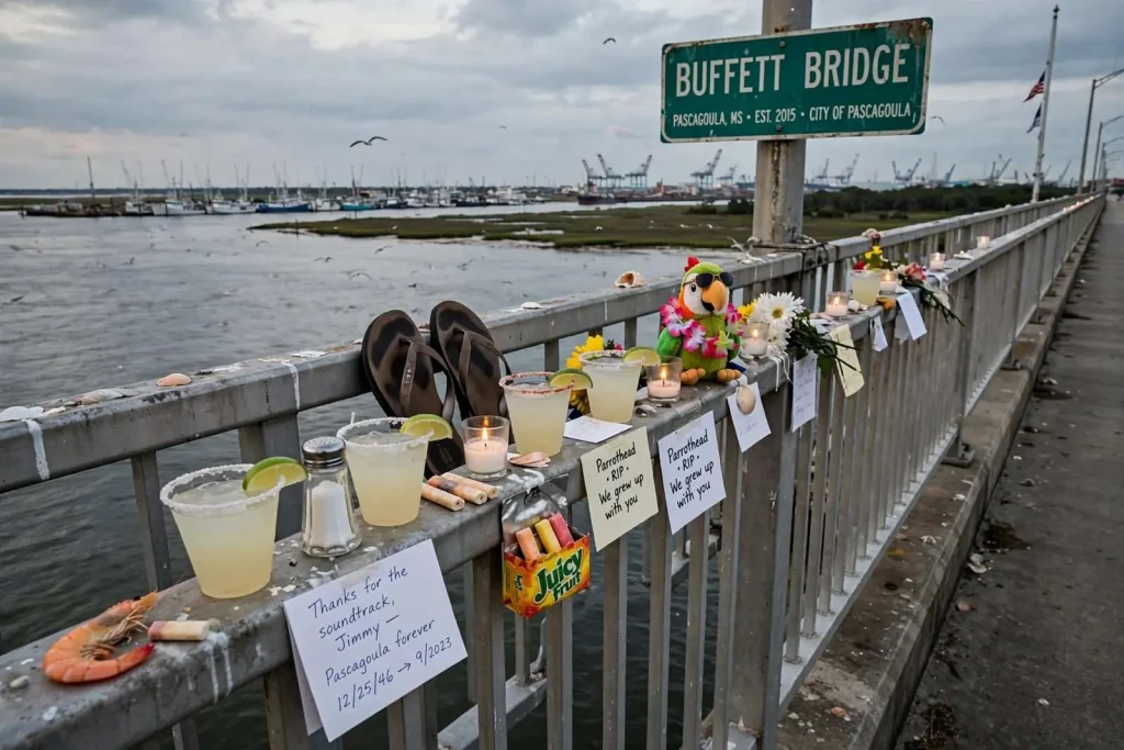 Illustration for the news story: Parrot heads pay tribute to Jimmy Buffett at Pascagoula’s Buffett Bridge