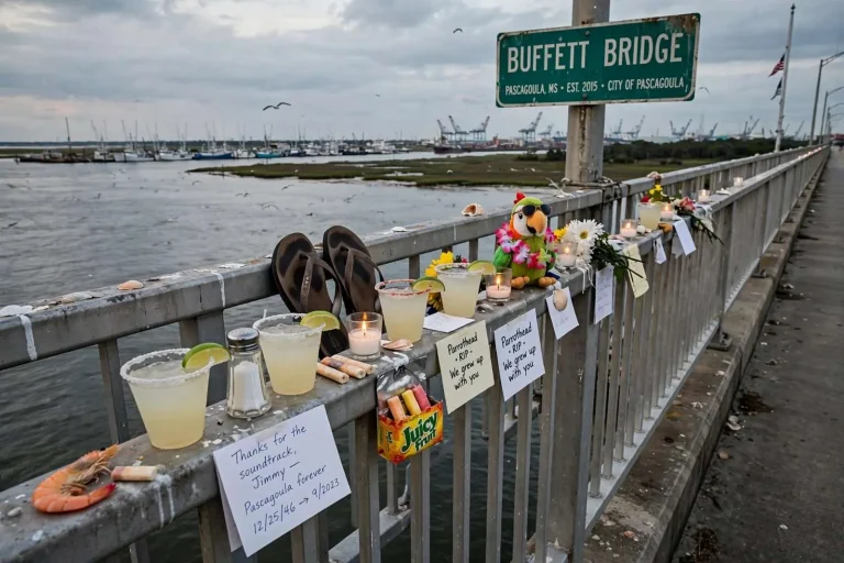 Illustration for the news story: Parrot heads pay tribute to Jimmy Buffett at Pascagoula’s Buffett Bridge