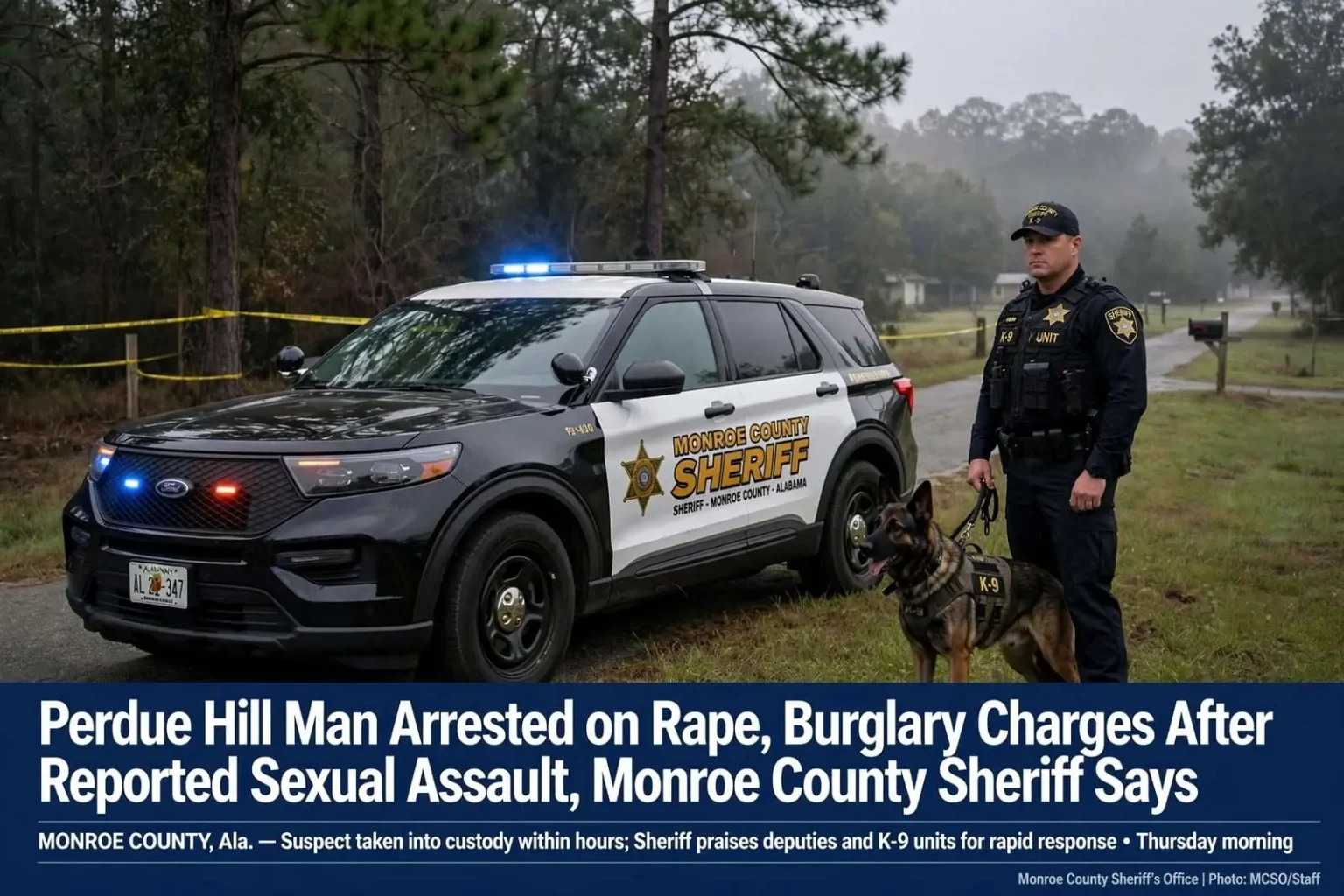 Illustration for the news story: Perdue Hill Man Arrested on Rape, Burglary Charges After Reported Sexual Assault, Monroe County Sheriff Says