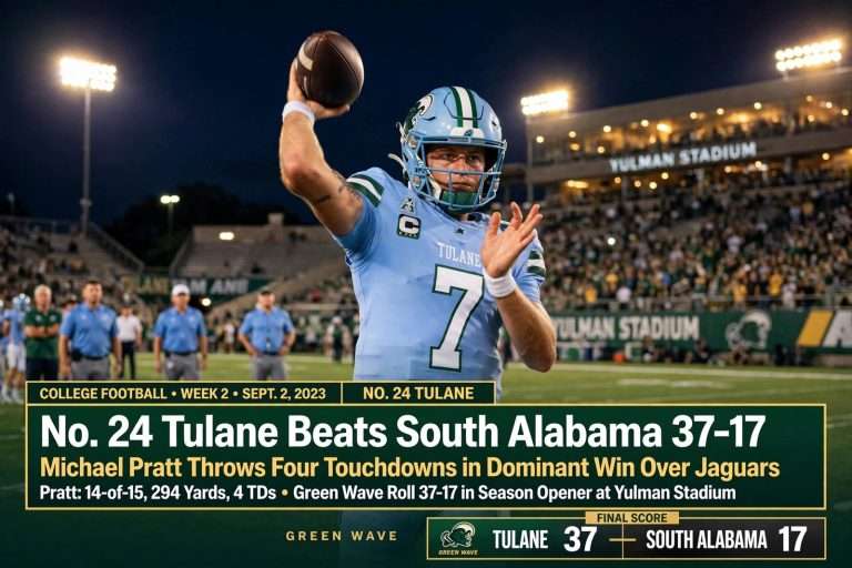 Illustration for the news story: No. 24 Tulane Beats South Alabama 37-17 as Michael Pratt Throws Four Touchdowns