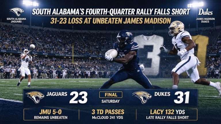 Illustration for the news story: South Alabama’s Fourth-Quarter Rally Falls Short in 31-23 Loss at Unbeaten James Madison