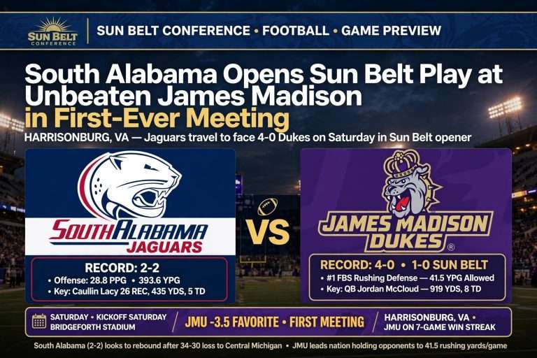 Illustration for the news story: South Alabama Opens Sun Belt Play at Unbeaten James Madison in First-Ever Meeting