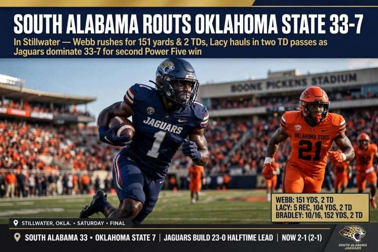 Illustration for the news story: South Alabama Routs Oklahoma State 33-7 in Stillwater Behind Webb, Lacy