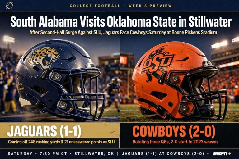 Illustration for the news story: South Alabama Visits Oklahoma State in Stillwater After Second-Half Surge Against SLU