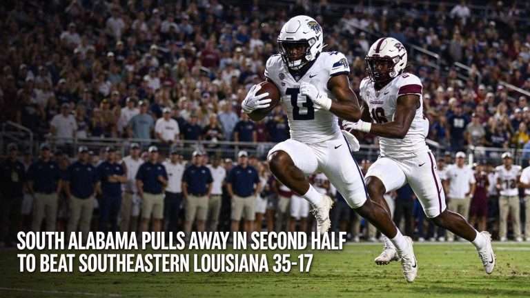 Illustration for the news story: South Alabama Pulls Away in Second Half to Beat Southeastern Louisiana 35-17 in Home Opener