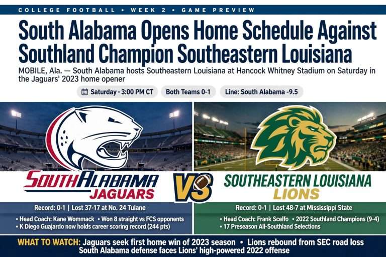 Illustration for the news story: South Alabama Opens Home Schedule Against Southland Champion Southeastern Louisiana