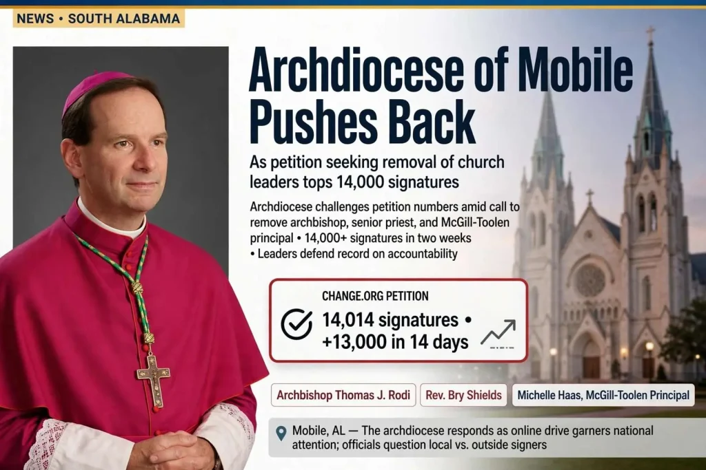 Illustration for the news story: Archdiocese of Mobile pushes back as petition seeking removal of church leaders tops 14,000 signatures