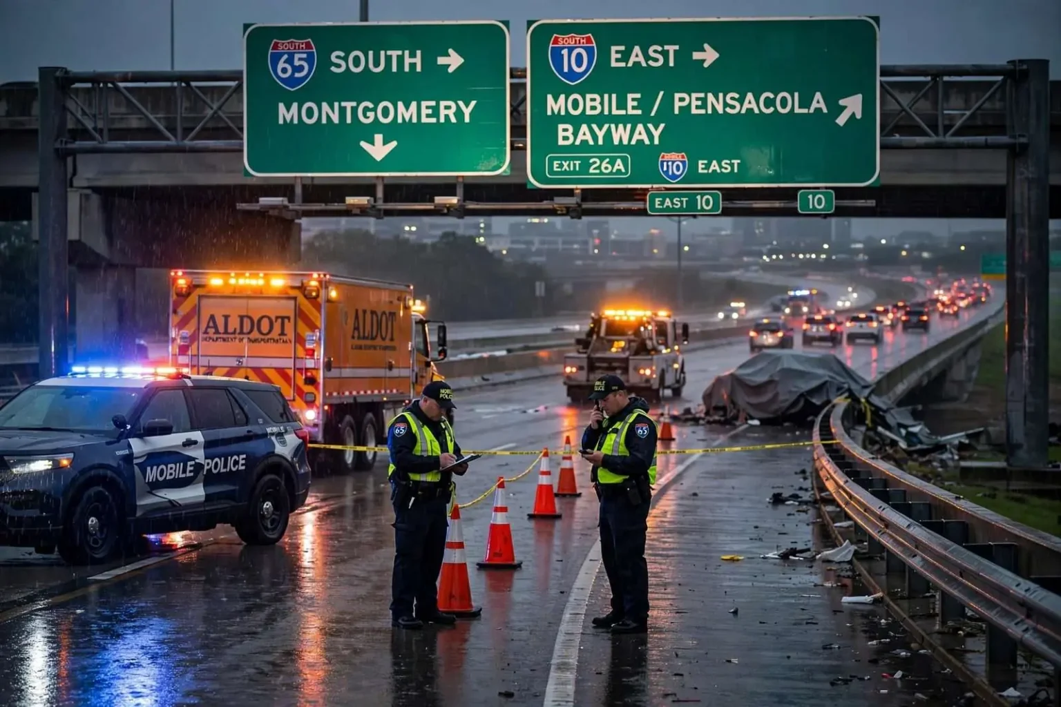 Illustration for the news story: At Least One Killed in Crash on Rain-Slicked I-65 Ramp to I-10 Eastbound