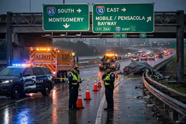 Illustration for the news story: At Least One Killed in Crash on Rain-Slicked I-65 Ramp to I-10 Eastbound