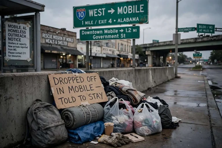 Illustration for the news story: Biloxi Police Accused of Forcibly Relocating Homeless People to Mobile