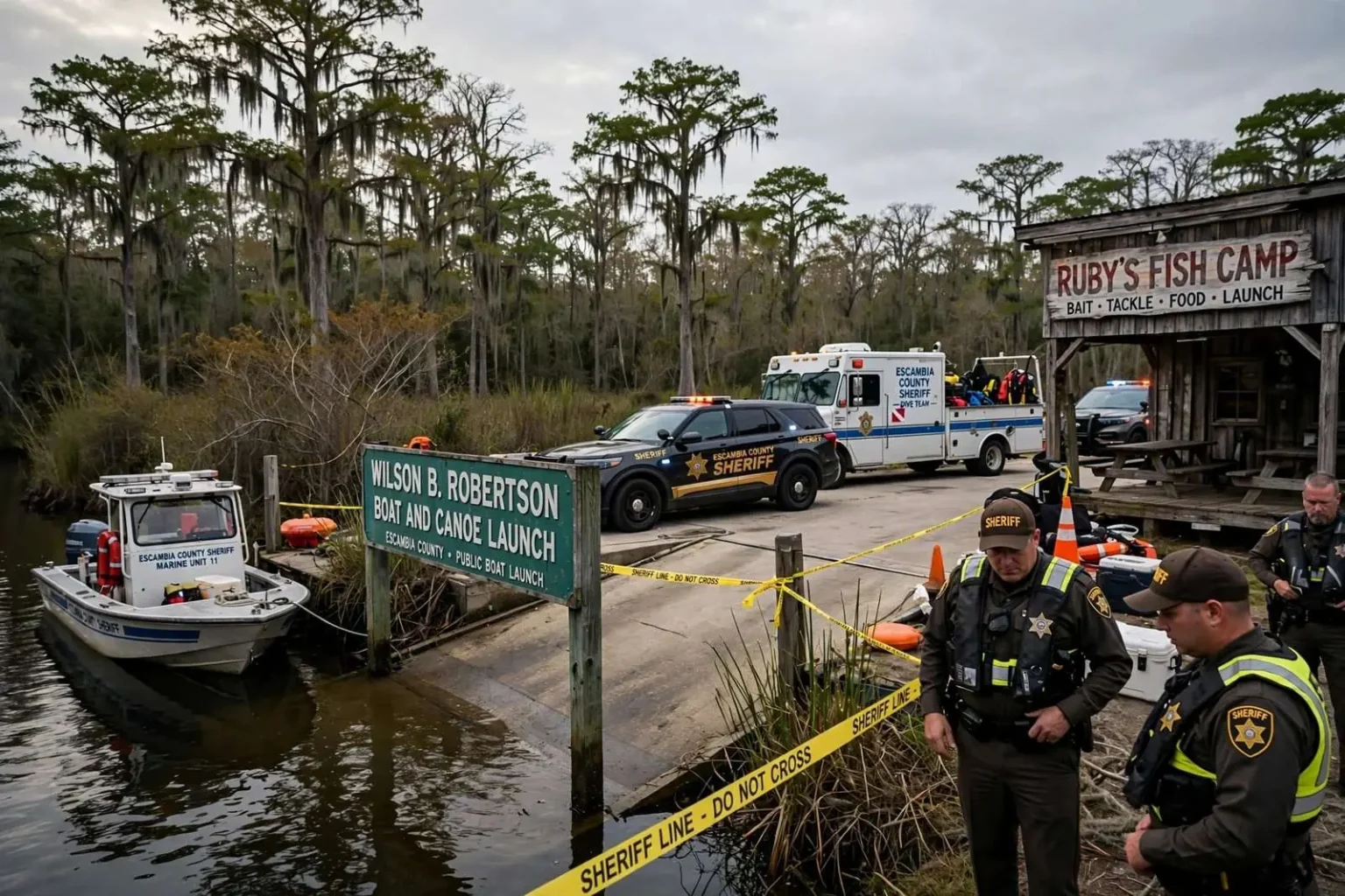 Illustration for the news story: Body of woman recovered from Escambia County waterway near Ruby’s Fish Camp