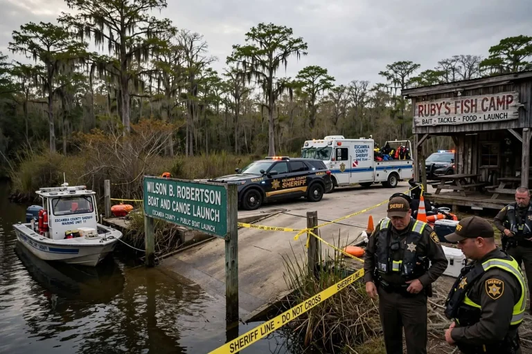 Illustration for the news story: Body of woman recovered from Escambia County waterway near Ruby’s Fish Camp