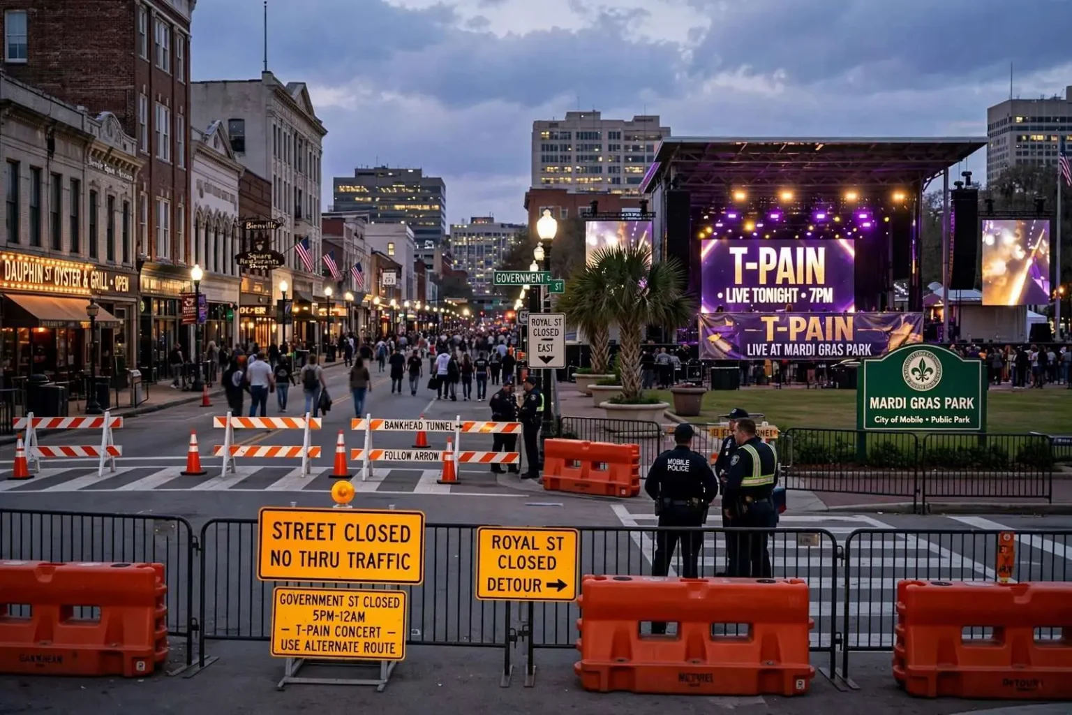 Illustration for the news story: Downtown Mobile Streets Close Around Mardi Gras Park Ahead of T-Pain Concert
