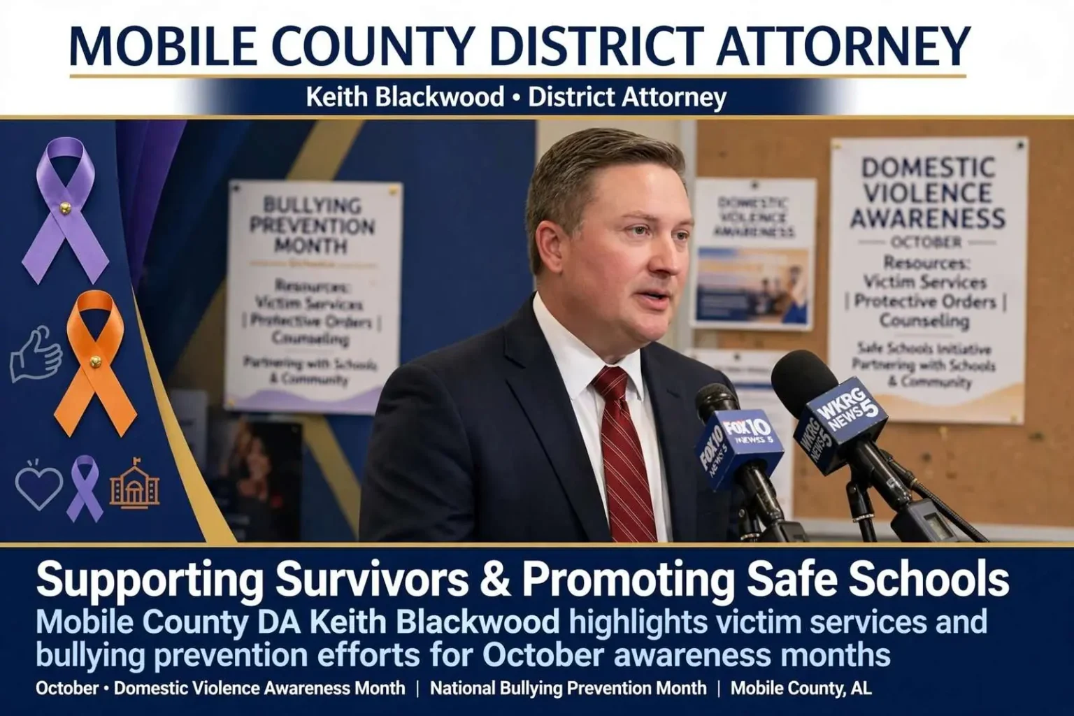 Illustration for the news story: Mobile County DA Keith Blackwood Highlights Support for Domestic Violence Survivors, Bullying Prevention