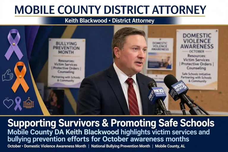 Illustration for the news story: Mobile County DA Keith Blackwood Highlights Support for Domestic Violence Survivors, Bullying Prevention
