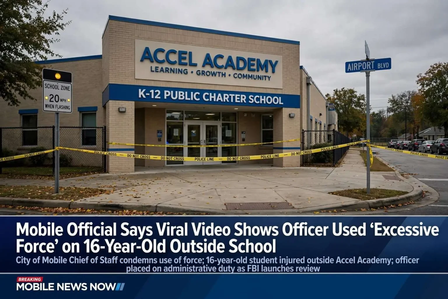 Illustration for the news story: Mobile Official Says Viral Video Shows Officer Used ‘Excessive Force’ on 16-Year-Old Outside School
