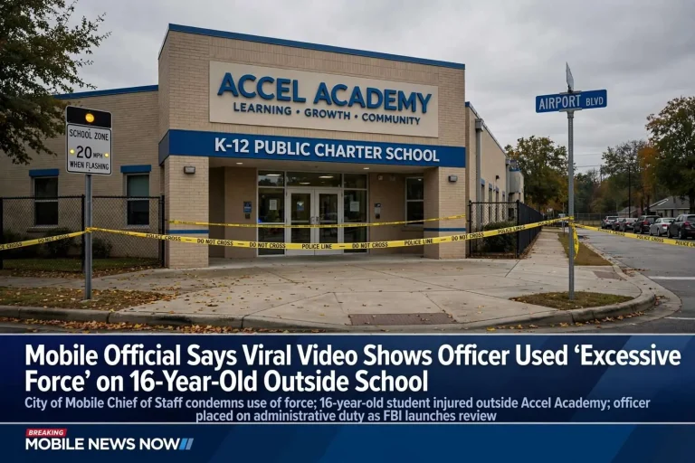 Illustration for the news story: Mobile Official Says Viral Video Shows Officer Used ‘Excessive Force’ on 16-Year-Old Outside School