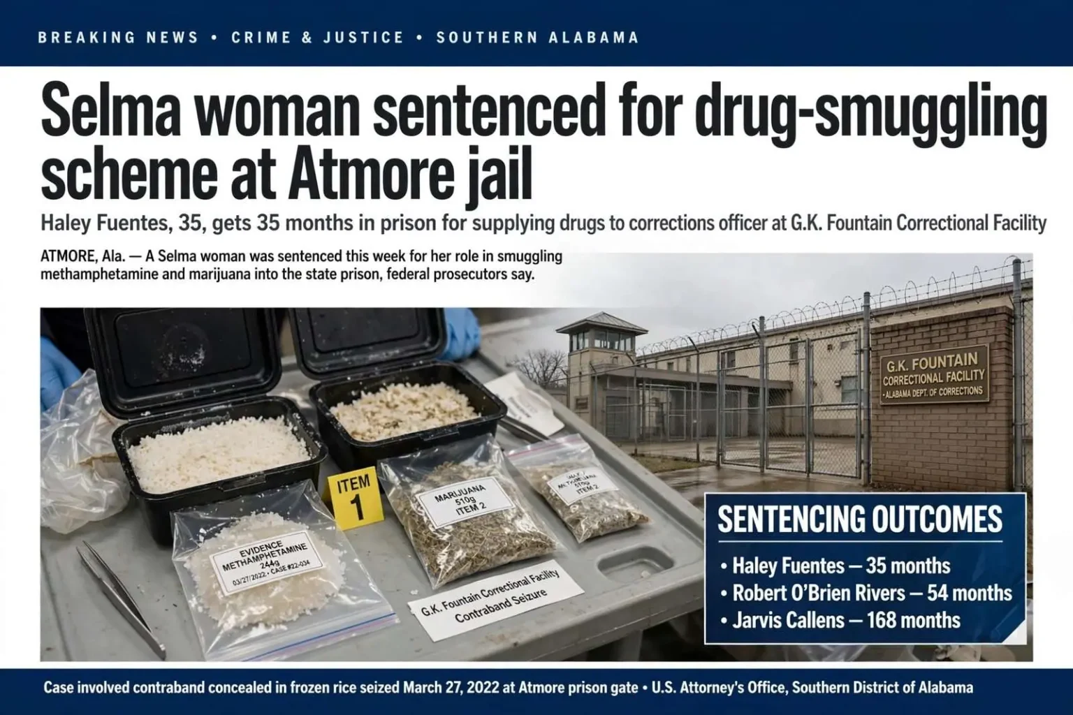 Illustration for the news story: Selma woman sentenced for drug-smuggling scheme at Atmore jail