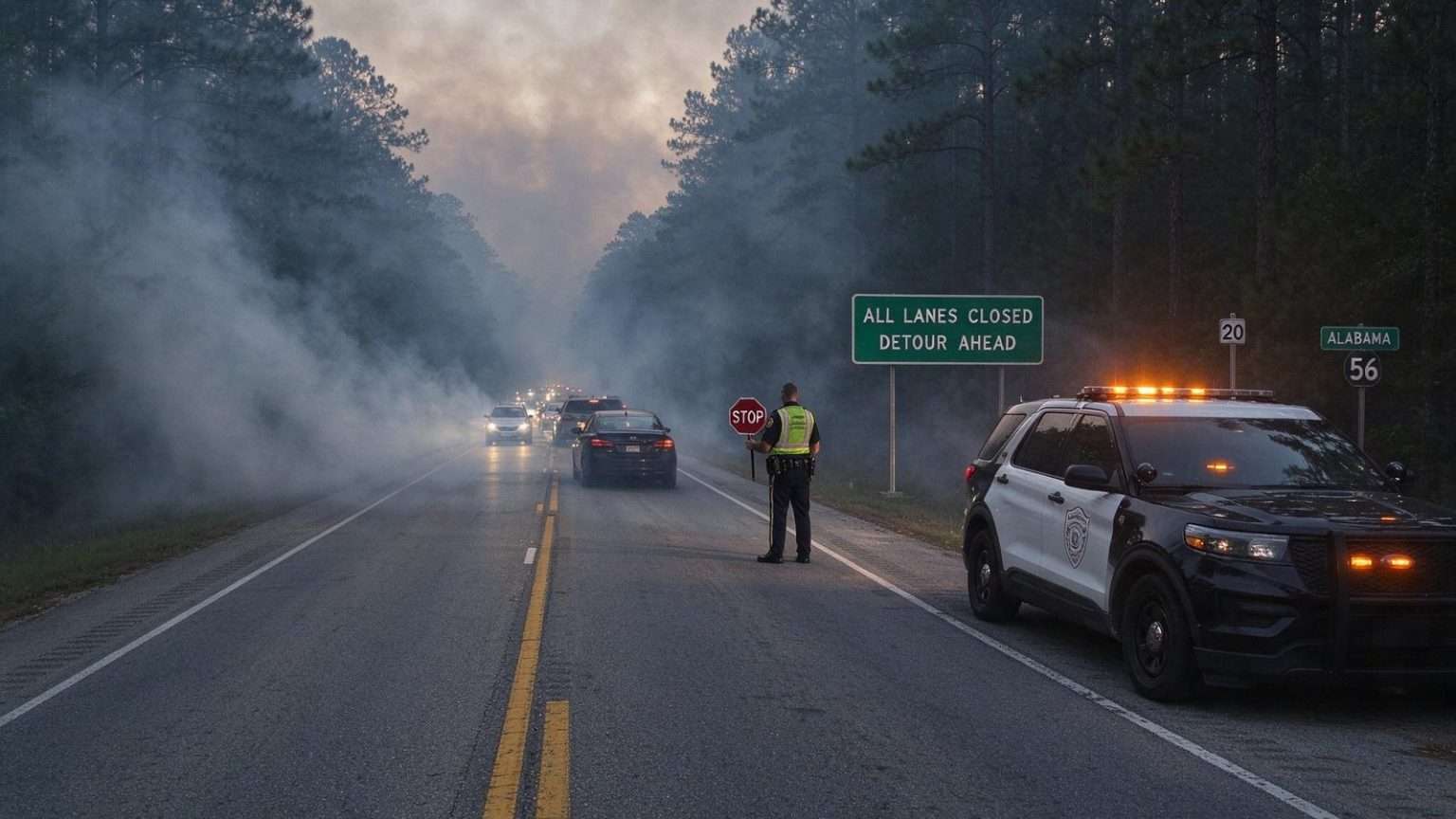 Illustration for the news story: Smoke From Wildfire Causes 12-Vehicle Crash, Closes Alabama 56 in Washington County