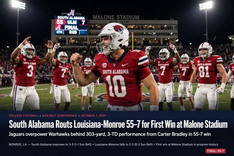 Illustration for the news story: South Alabama Routs Louisiana-Monroe 55-7 for First Win at Malone Stadium