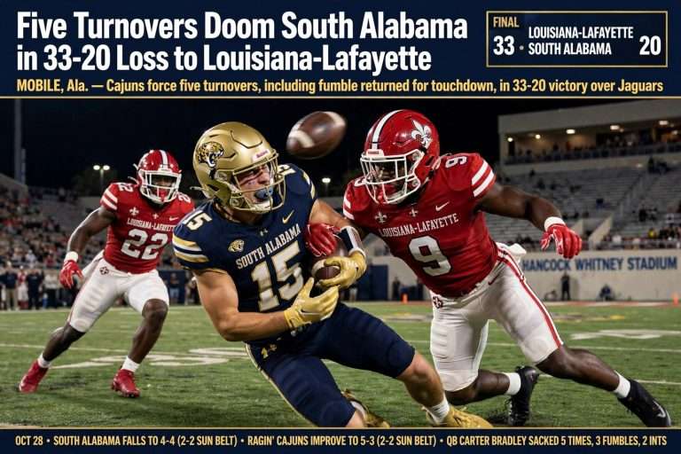 Illustration for the news story: Five Turnovers Doom South Alabama in 33-20 Loss to Louisiana-Lafayette