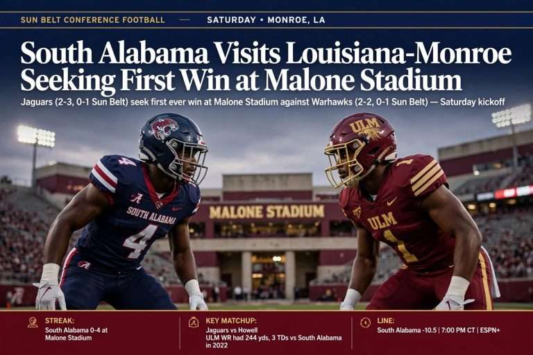 Illustration for the news story: South Alabama Visits Louisiana-Monroe Seeking First Win at Malone Stadium