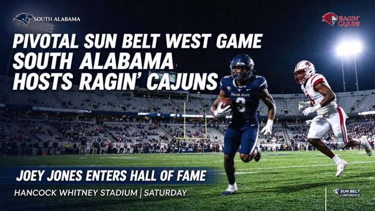 Illustration for the news story: South Alabama Hosts Ragin’ Cajuns in Pivotal Sun Belt West Game; Joey Jones Enters Hall of Fame