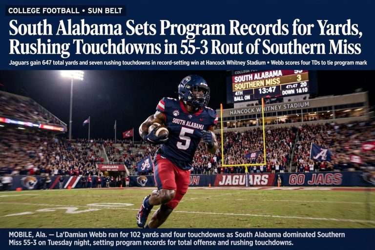 Illustration for the news story: South Alabama Sets Program Records for Yards, Rushing Touchdowns in 55-3 Rout of Southern Miss