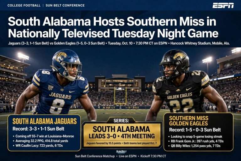 Illustration for the news story: South Alabama Hosts Southern Miss in Nationally Televised Tuesday Night Game