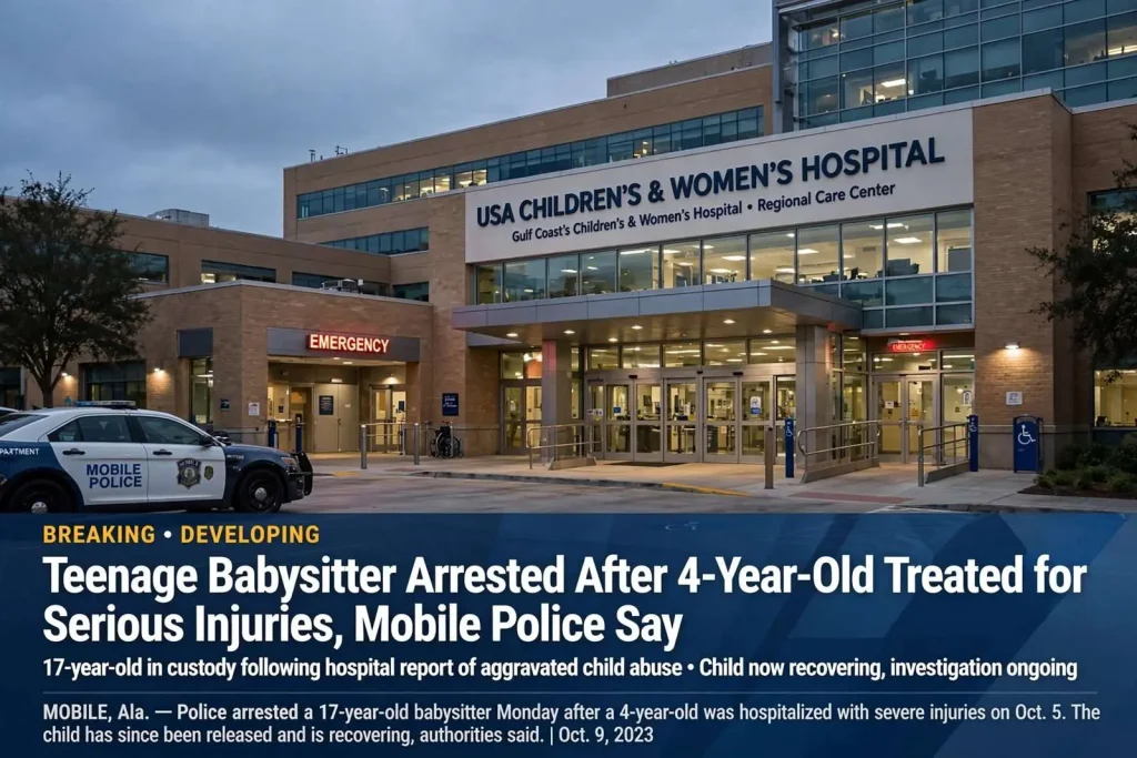 Illustration for the news story: Teenage Babysitter Arrested After 4-Year-Old Treated for Serious Injuries, Mobile Police Say