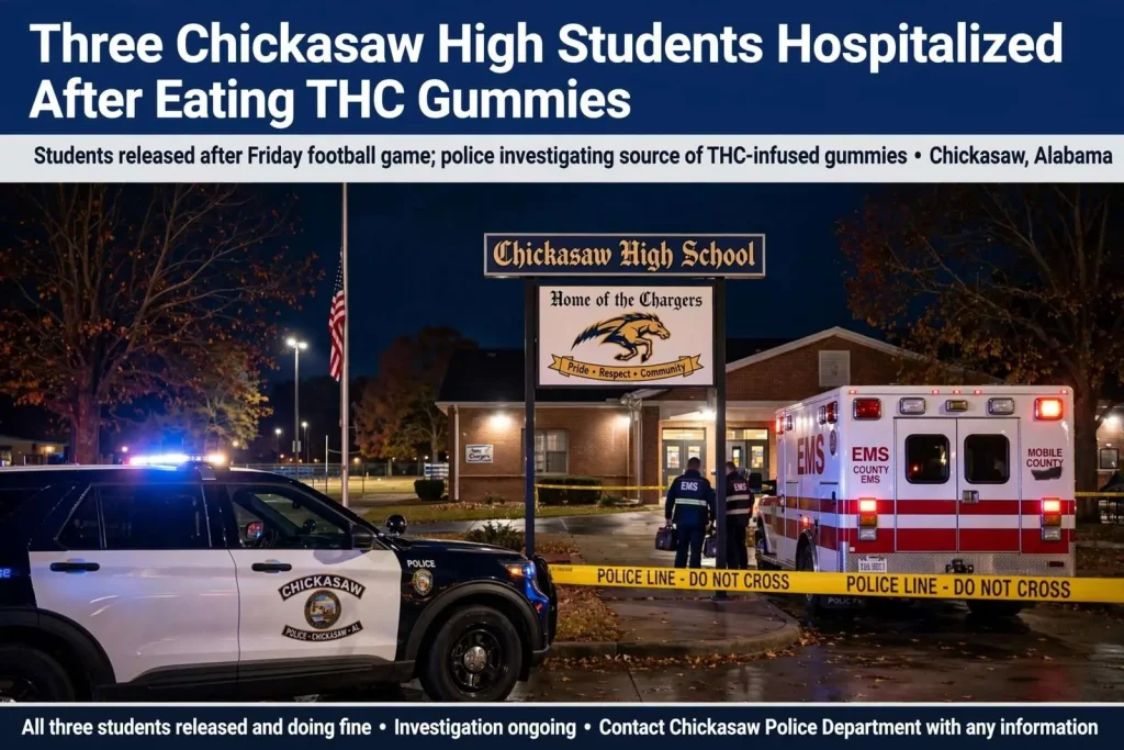 Illustration for the news story: Three Chickasaw High Students Hospitalized After Eating THC Gummies