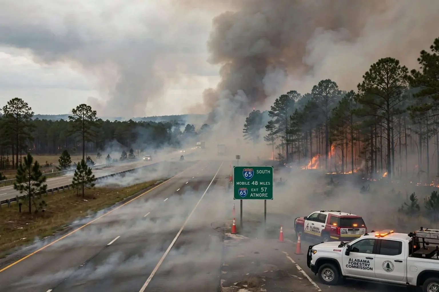 Illustration for the news story: Wildfire reported off Interstate 65 in Escambia County