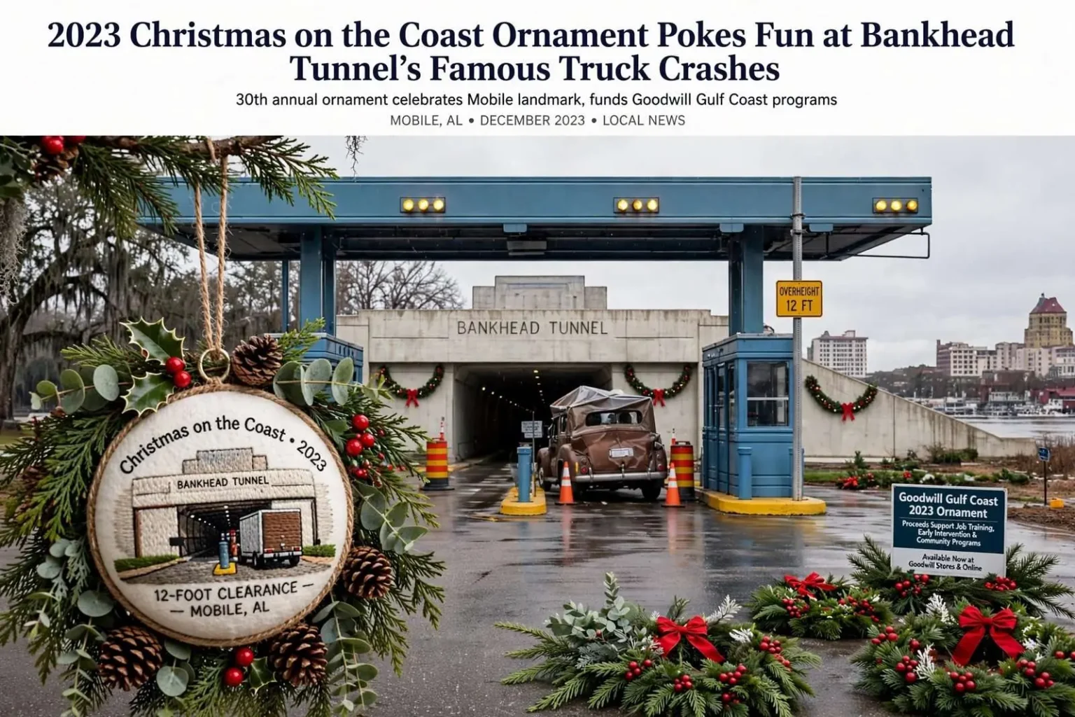Illustration for the news story: 2023 Christmas on the Coast Ornament Pokes Fun at Bankhead Tunnel’s Famous Truck Crashes