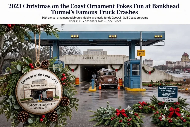 Illustration for the news story: 2023 Christmas on the Coast Ornament Pokes Fun at Bankhead Tunnel’s Famous Truck Crashes