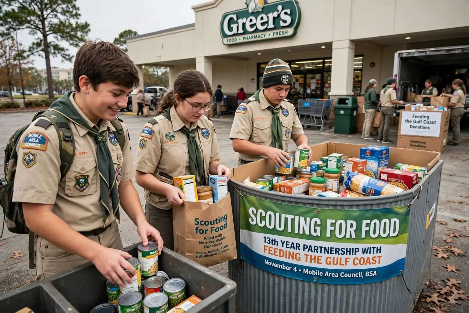 Illustration for the news story: Boy Scouts partner with Feeding the Gulf Coast for 13th year of Scouting for Food