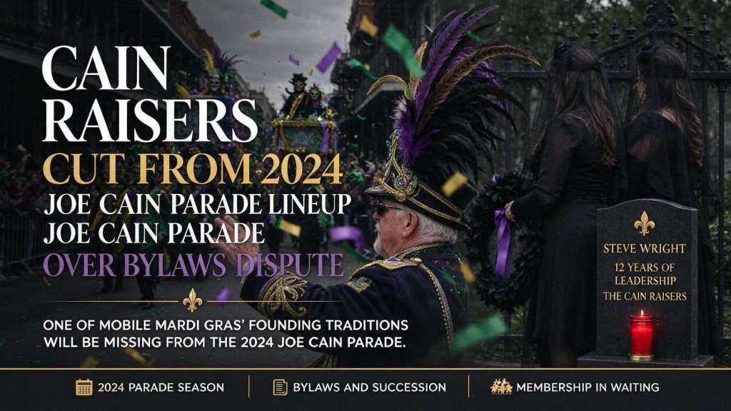 Illustration for the news story: Cain Raisers Cut From 2024 Joe Cain Parade Lineup Over Bylaws Dispute