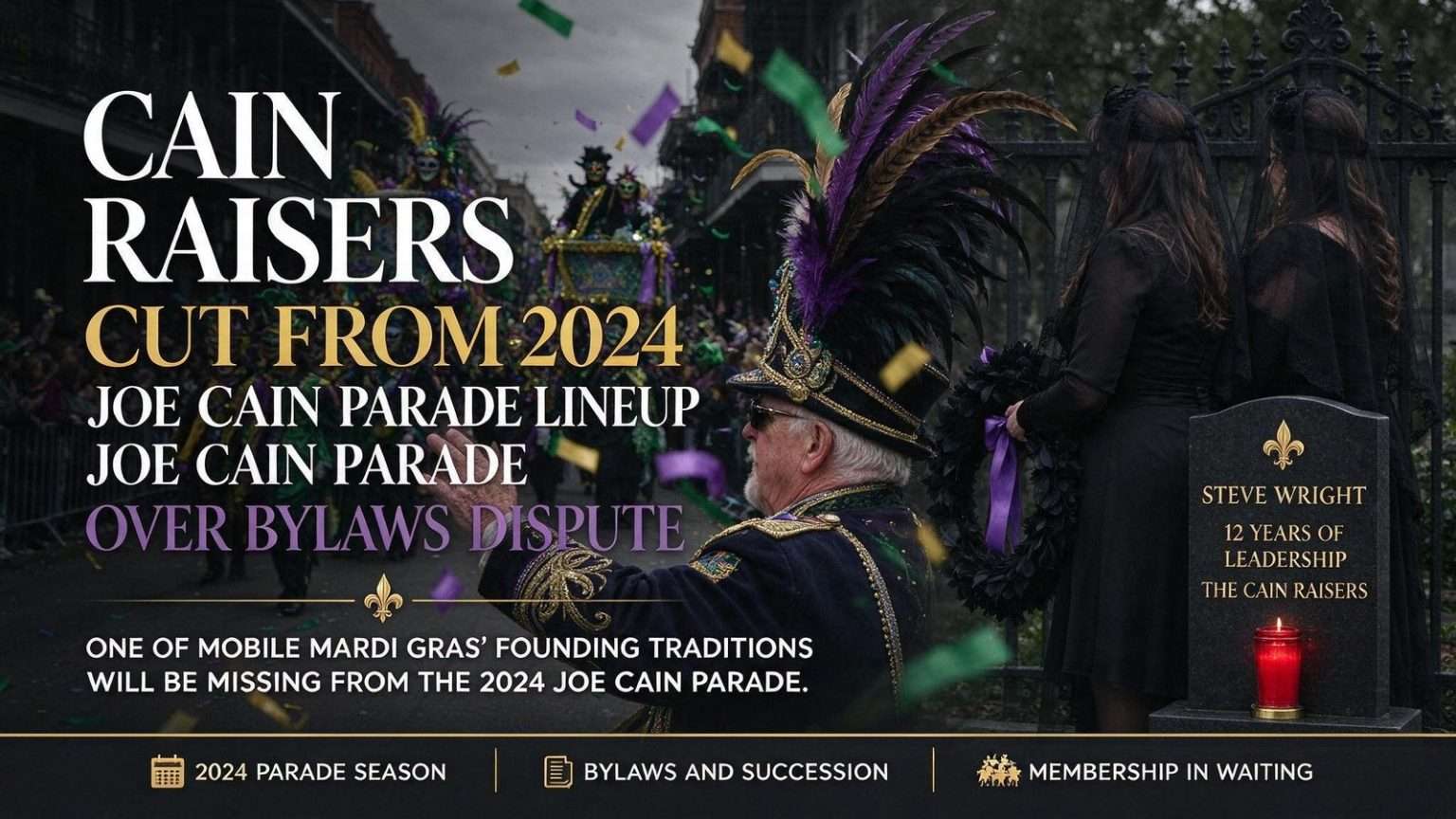 Illustration for the news story: Cain Raisers Cut From 2024 Joe Cain Parade Lineup Over Bylaws Dispute