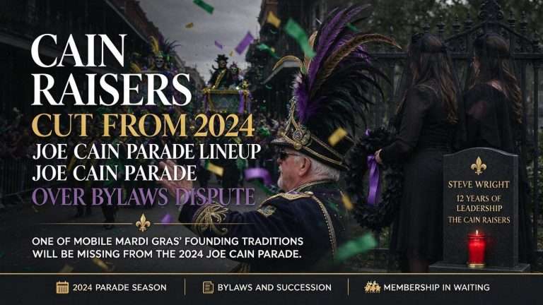 Illustration for the news story: Cain Raisers Cut From 2024 Joe Cain Parade Lineup Over Bylaws Dispute