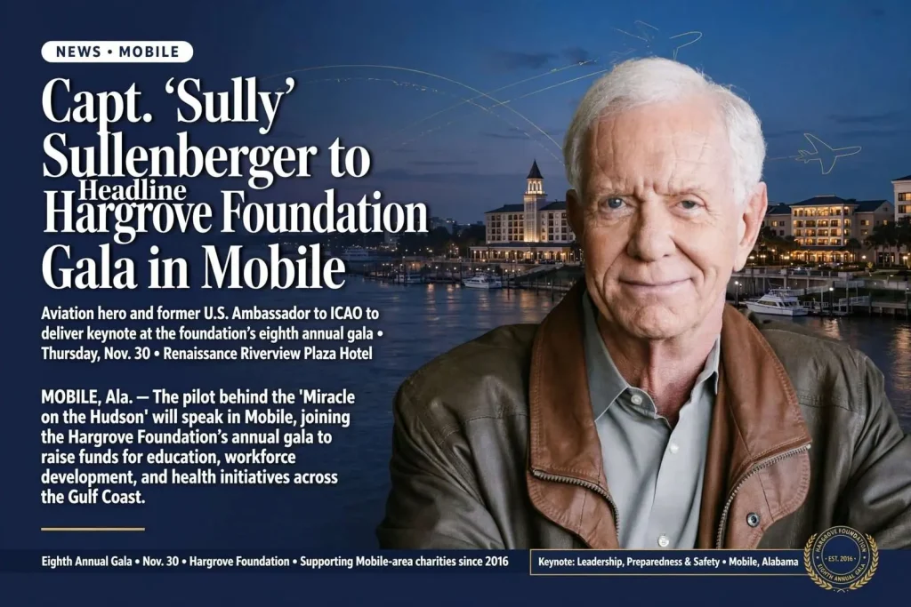 Illustration for the news story: Capt. ‘Sully’ Sullenberger to Headline Hargrove Foundation Gala in Mobile