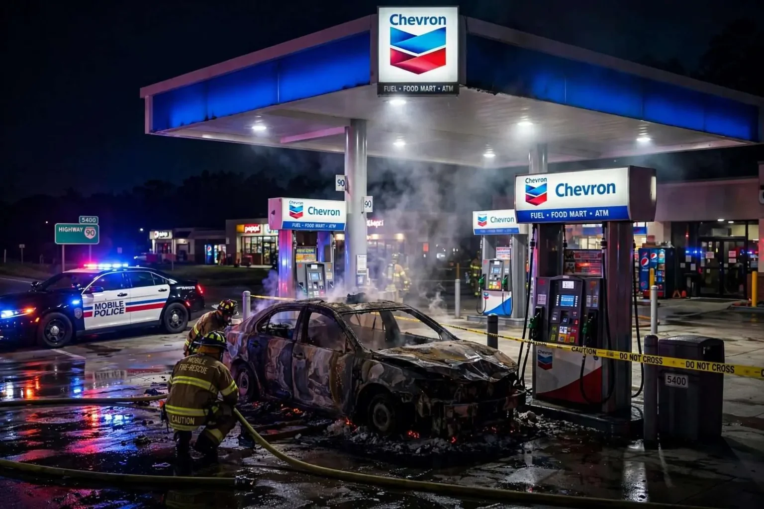 Illustration for the news story: Car Engulfed in Flames at Mobile Gas Station; Police Arrest Local Man